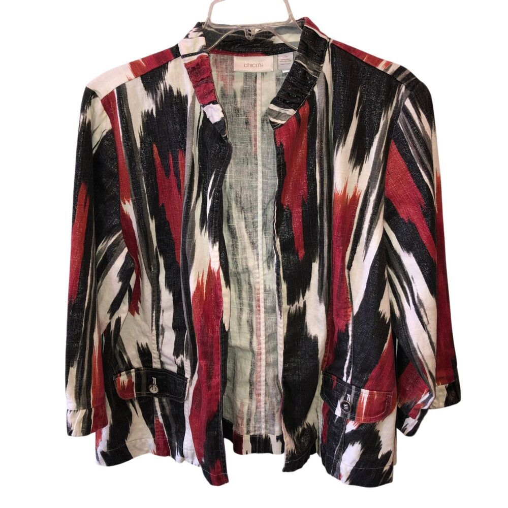 Chicos Size 2 Large Red Black Shimmer Linen Blend Open Front Blazer Jacket